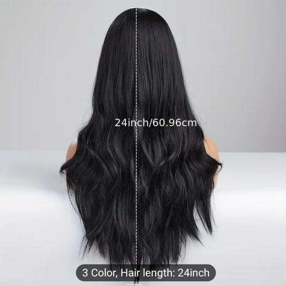 24 Inch Long Black Wig Middle Part For Women Natural Synthetic Hair - Picture 4 of 6